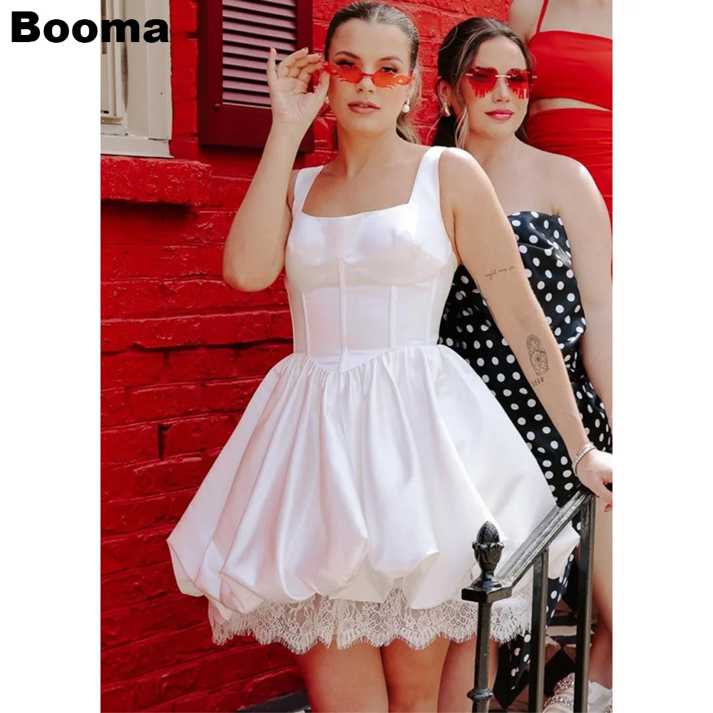 

Booma A-Line Short Wedding Party Dreses Square Collar Sleeveless Satin Brides Cocktail Dresses Puf Skirts Prom Gowns for Bridals