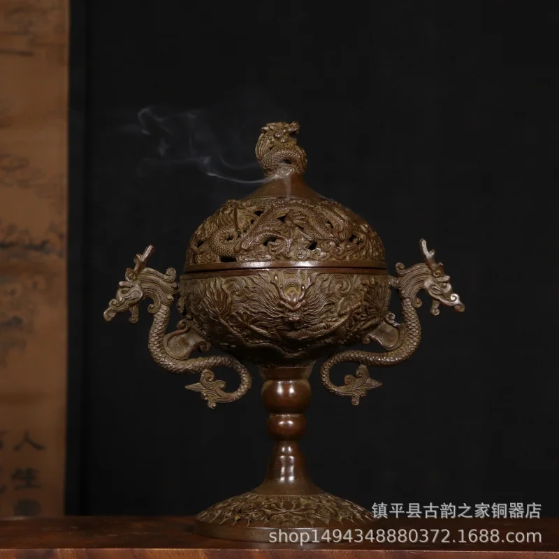 Brass Vintage Distressed Hollow Double Dragon Playing with Pearls Handmade Copper Incense Burner Copperware Ornam