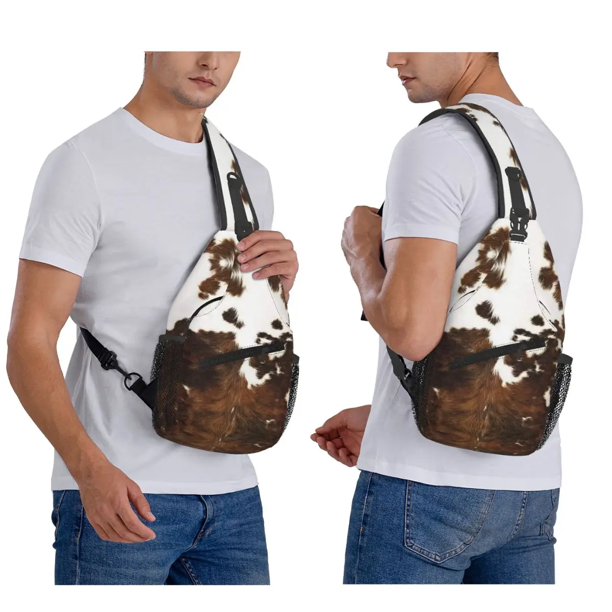 Stylish Cow Fur Cowhide Texture Cow Skin Print Pattern Chest Bag Men Sling Crossbody Backpack Chest Bag Daypack Shoulder Bag