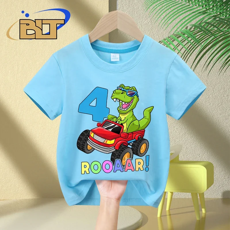 Детская футболка на день рождения с изображением 4-летнего динозавра грузовика летняя детская хлопковая футболка с короткими рукавами Сюрприз подарок