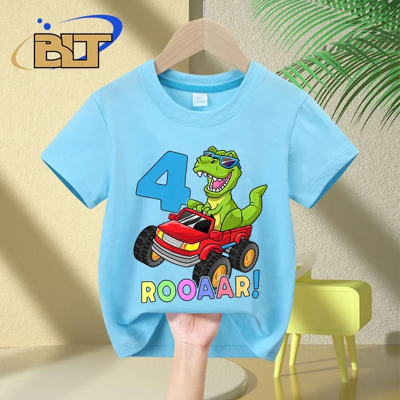 Verão t-shirt com impressão de dinossauro para crianças, algodão t-shirt de manga curta, 4 anos, presente surpresa