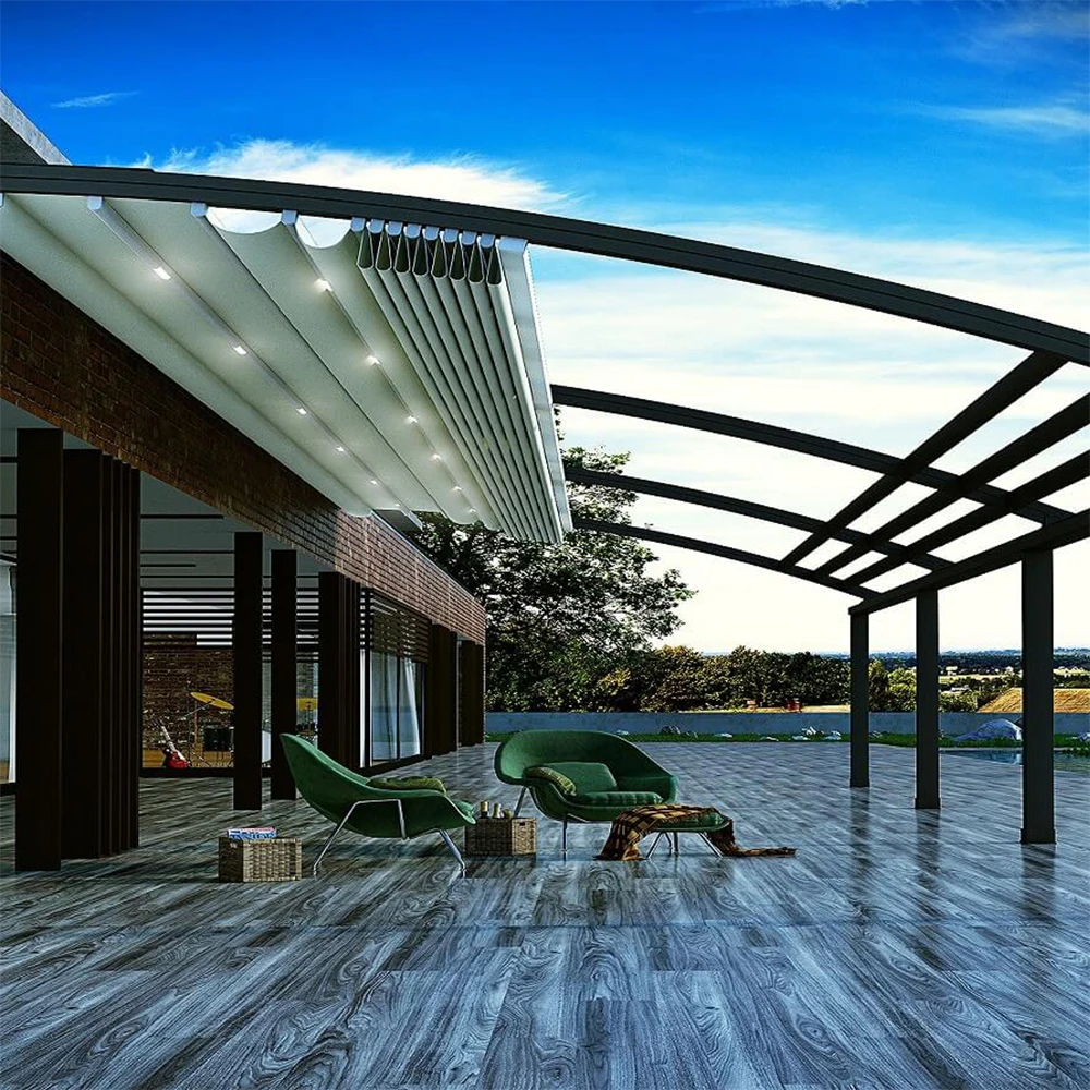 Modern Outdoor Retractable Roof with LED Lighting Rain Canopy Wireless Remote Control & UV Protection for Balcony & Patiopromote