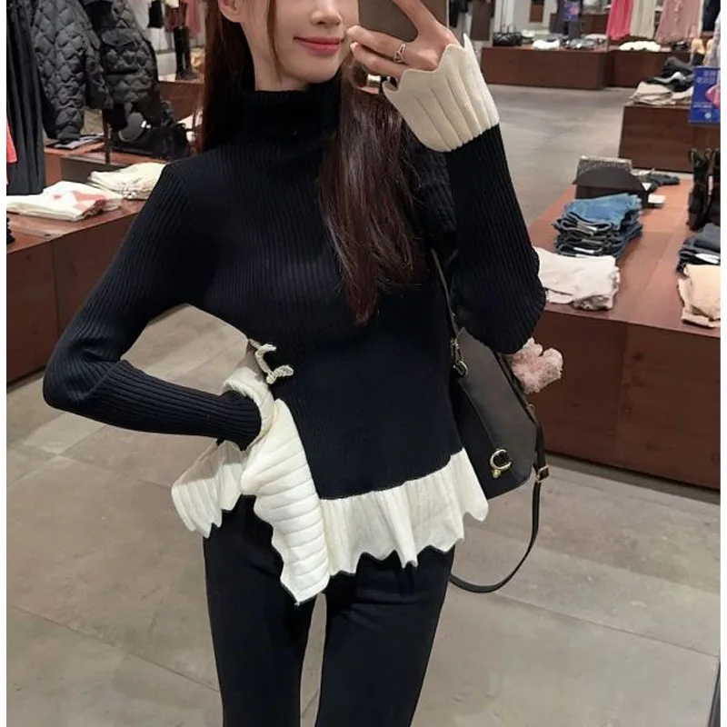 Women\'s Autumn Winter New High Necked Ruffle Edge Patchwork Knit Bottom Sweater Fashion Slim Chic Commuter Long Sleeve Tops