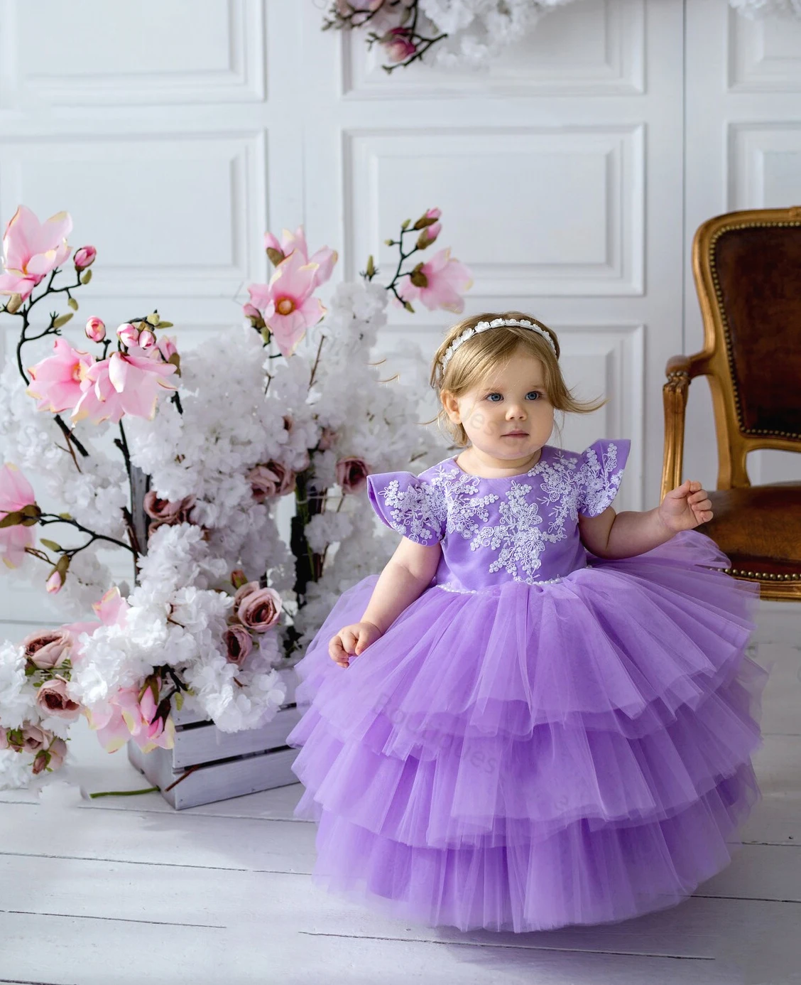 

Purple Tulle Flower Girl Dress For Wedding Lace Puffy Ruffles Appliques Cute Kids Birthday Ball Gowns First Communion Dress