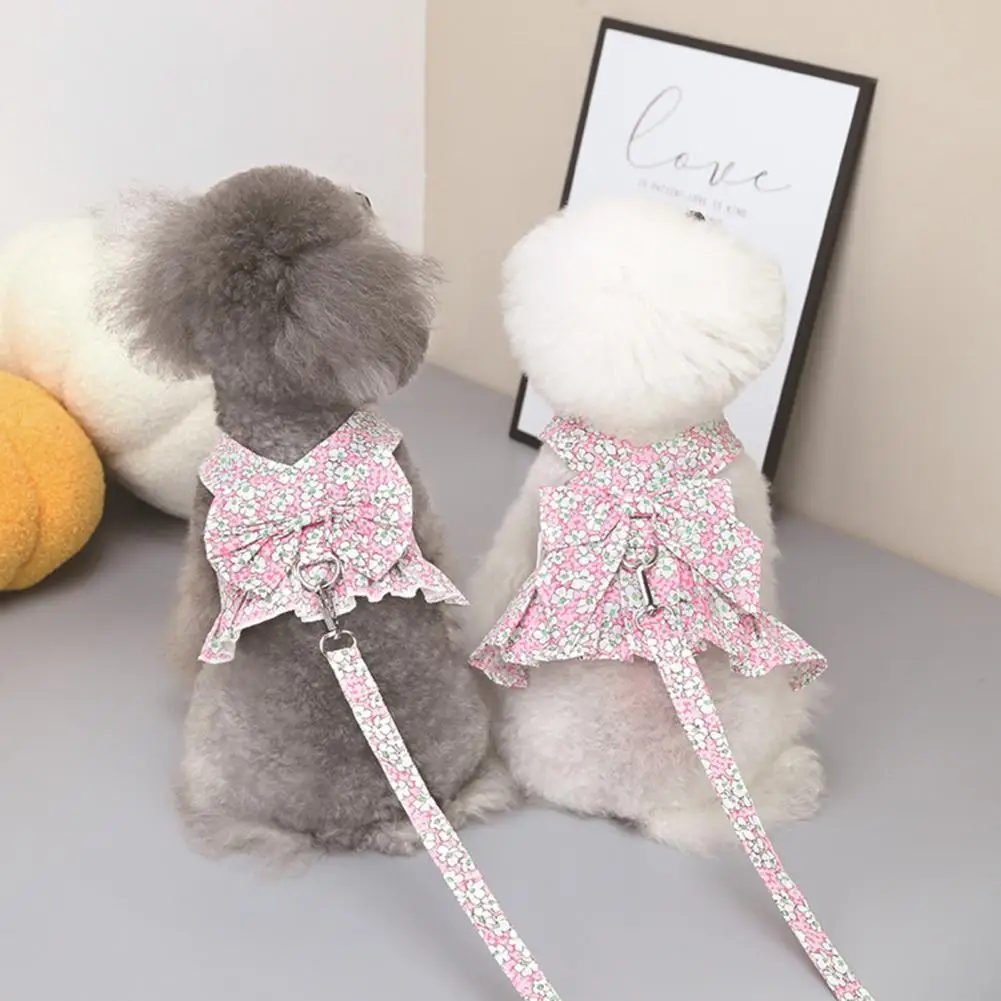 Dog Dresses Ruffle Trim Puppy Dress With Pulling Rope Bowknot Floral Printing Dogs Harness Adorable Pet Clothes For Daily Wear