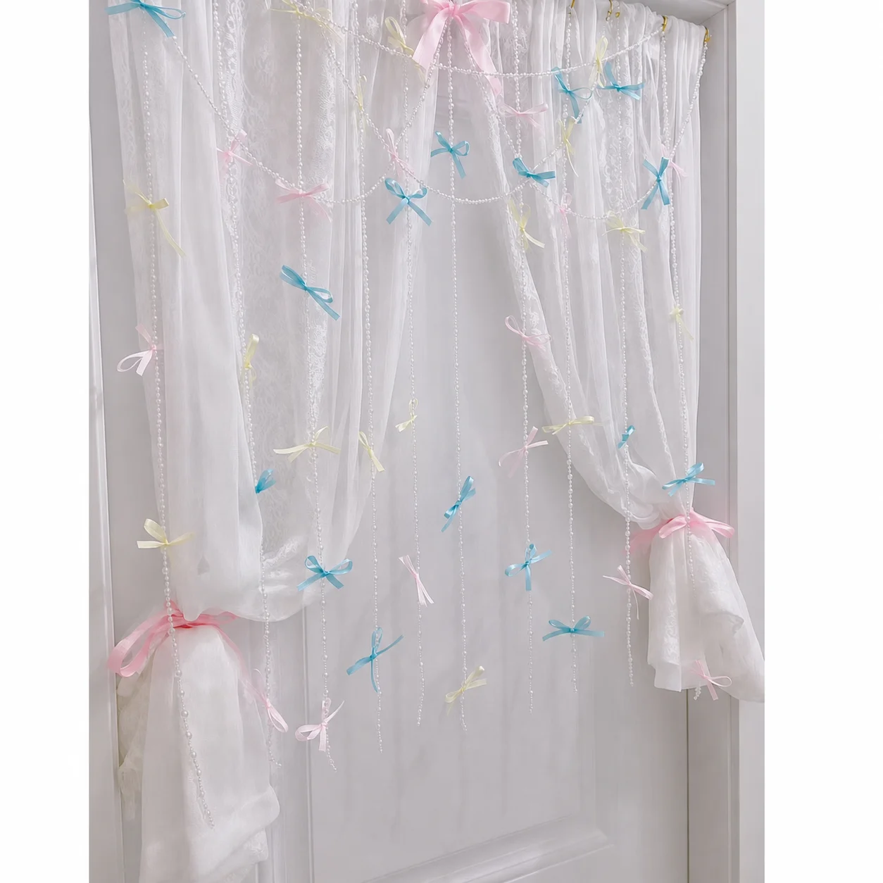 Beaded Door Curtains for Doorways Various Colors Ribbon Bowknot Hanging Beads Elegant Window Valance Closet Screen Divider
