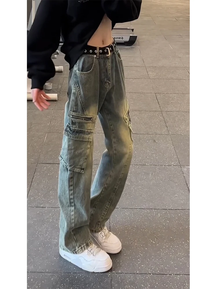 Retro American Washed Knife  Men's Jeans Multiple Pockets Workwear Pants Slim Straight Leg Bell Bottoms Casual Denim