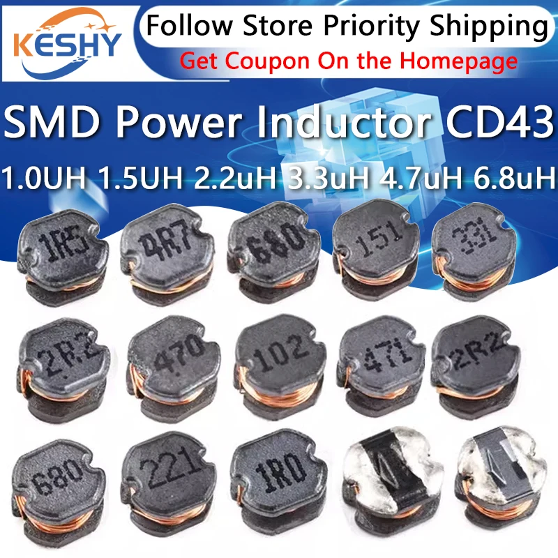 10PCS CD43 SMD Power Inductor 2.2UH 3.3UH 4.7UH 6.8UH 10UH 22UH 33UH 47UH 68UH 100UH 220UH Inductors CD43 Wire Wound Inductor