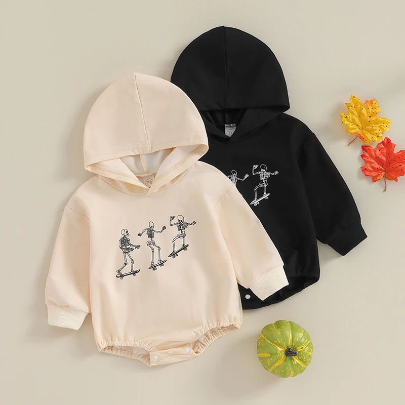 

2023-08-10 Lioraitiin 0-18M Newborn Baby Halloween Sweatshirt Romper Funny Skeleton Print Long Sleeve Hooded Jumpsuit Clothes