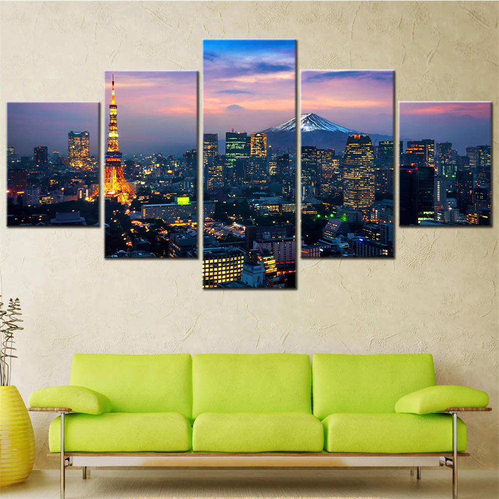 Aerial View Tokyo Cityscape Fuji MT Paintings for Interior 5Pcs Wall Art Canvas Print Aesthetic Room Decor Frames for Pictures