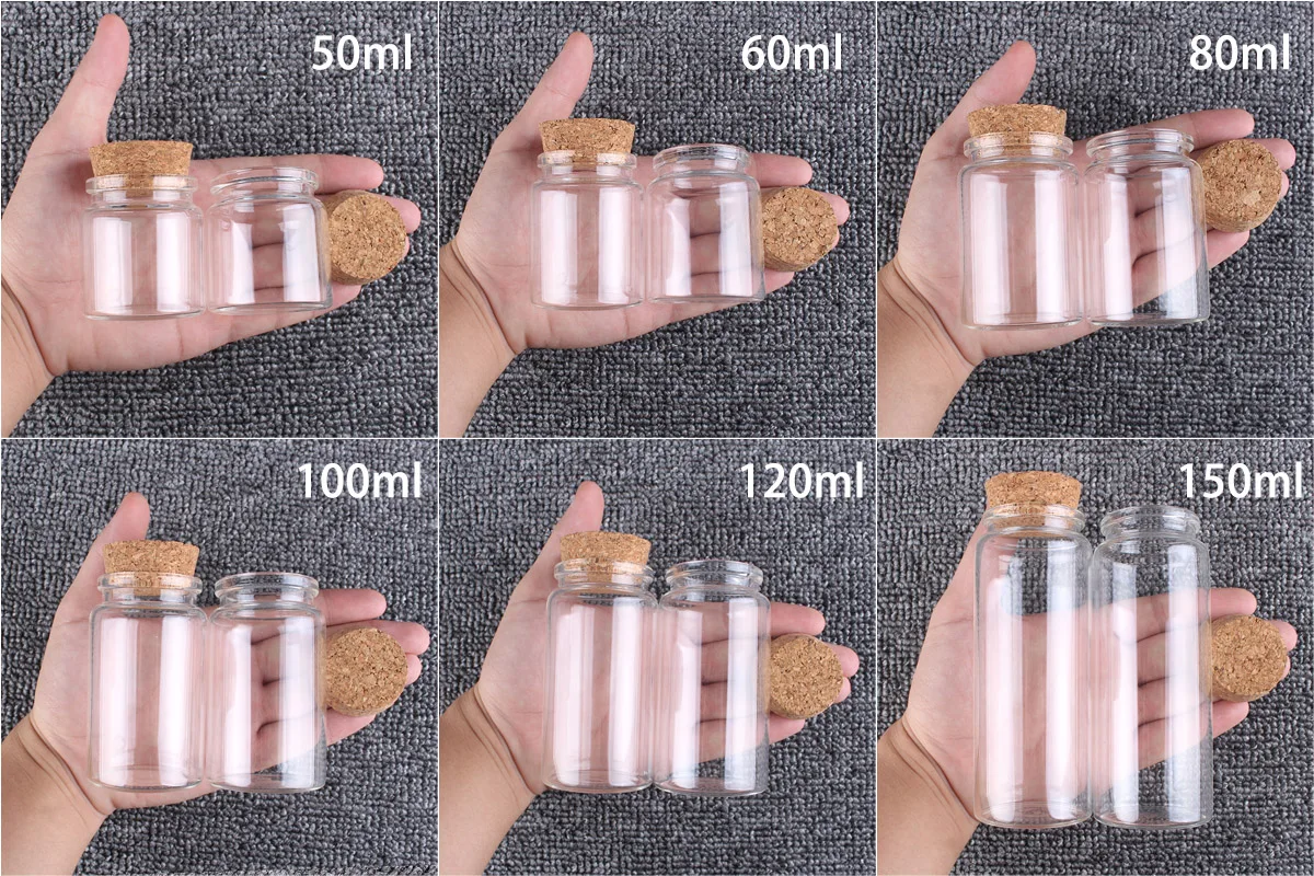 2pcs/lot 50ml 60ml 80ml 100ml 120ml 150ml Glass Bottles with Cork Candy Spice Jars for Art Crafts Wedding Favors 6 Sizes U-pick