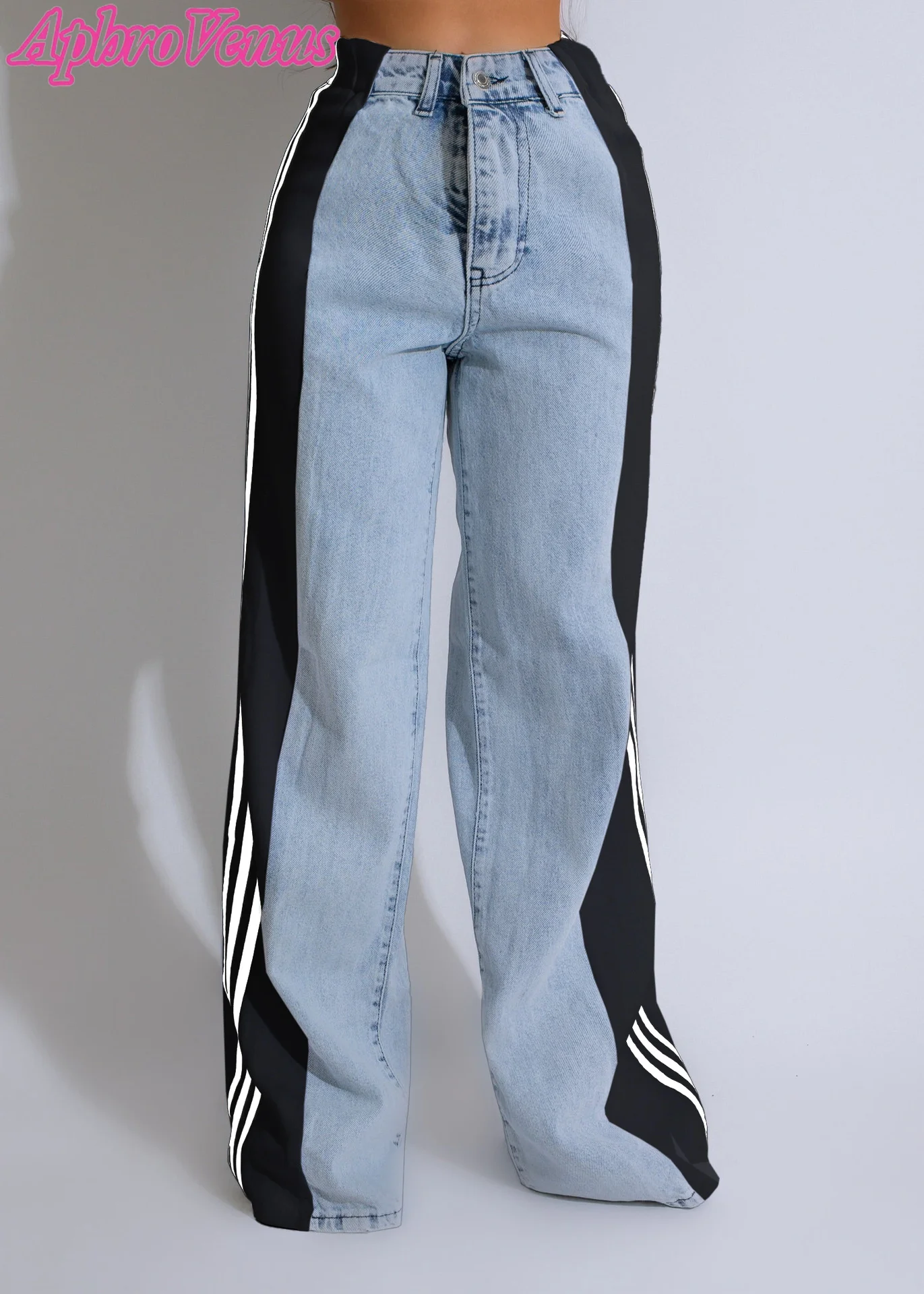 

Vintage 90S Baggy Straight Denim Trousers Y2K High Waist Loose Wide Leg Jeans Patchwork Three Stripe Casual Pants Streetwear