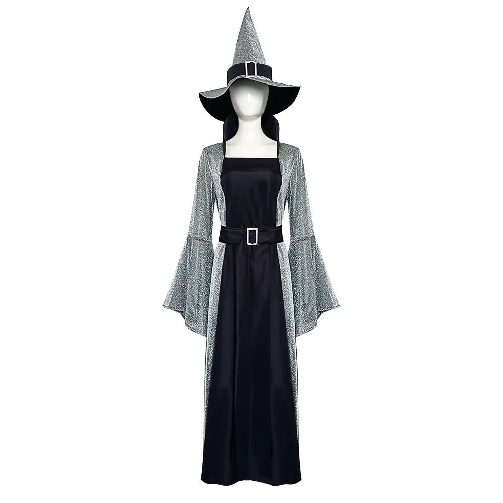 Halloween Party Medieval Witches Cosplay Costumes Witch Cos Evil Dress Trumpet Sleeve Long Dress Magic Hat Suit  Play Outfit