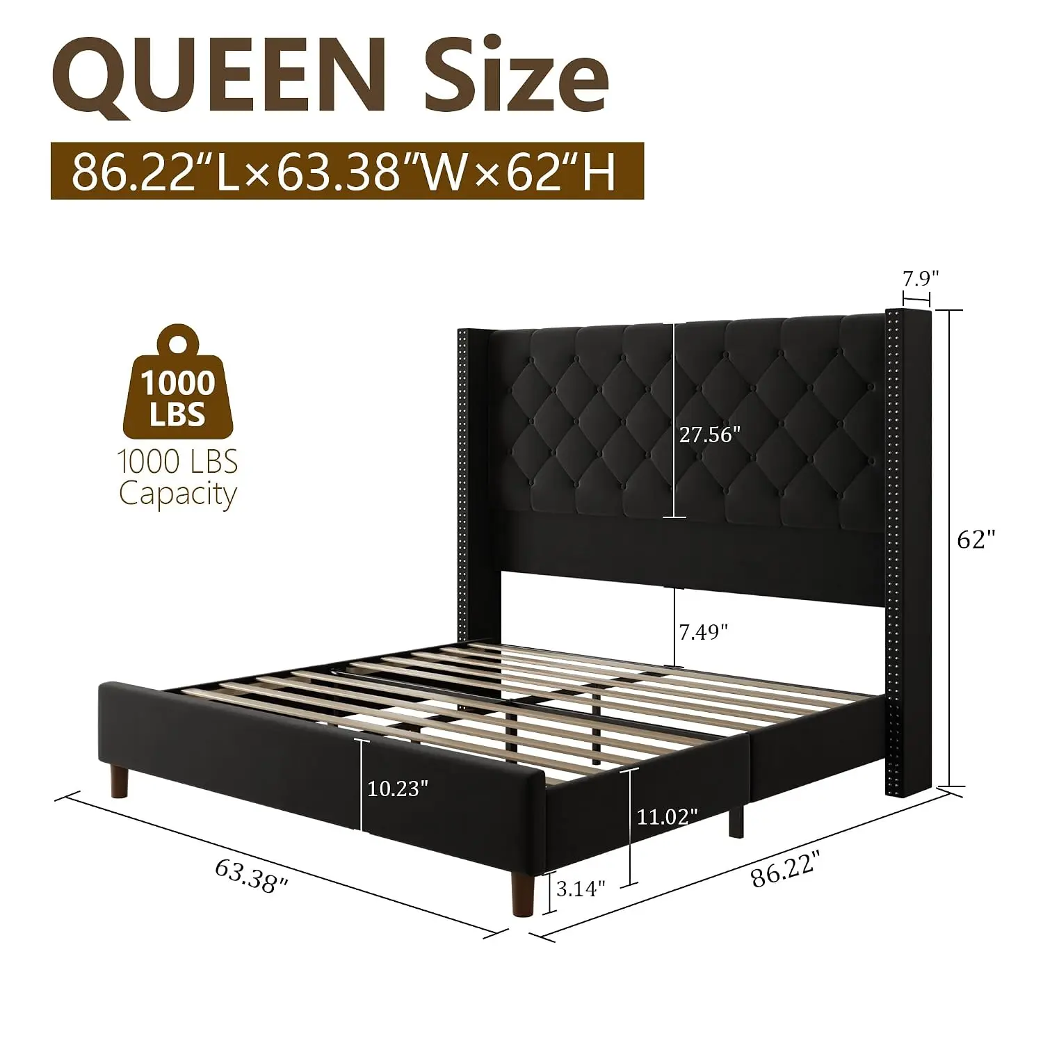 Velvet Wingback Queen Bed Frame, 62