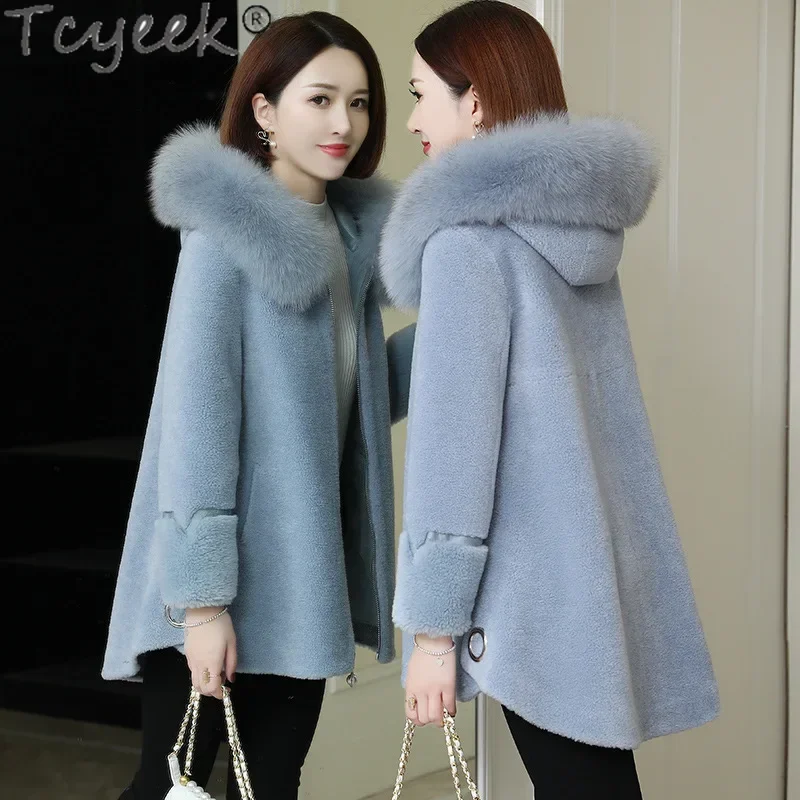 Tcyeek 100% Wool Jacket Grain Sheep Shearling Coats Winter Jackets for Women Warm Fox Fur Collar Mid-length Women's Fur Coat