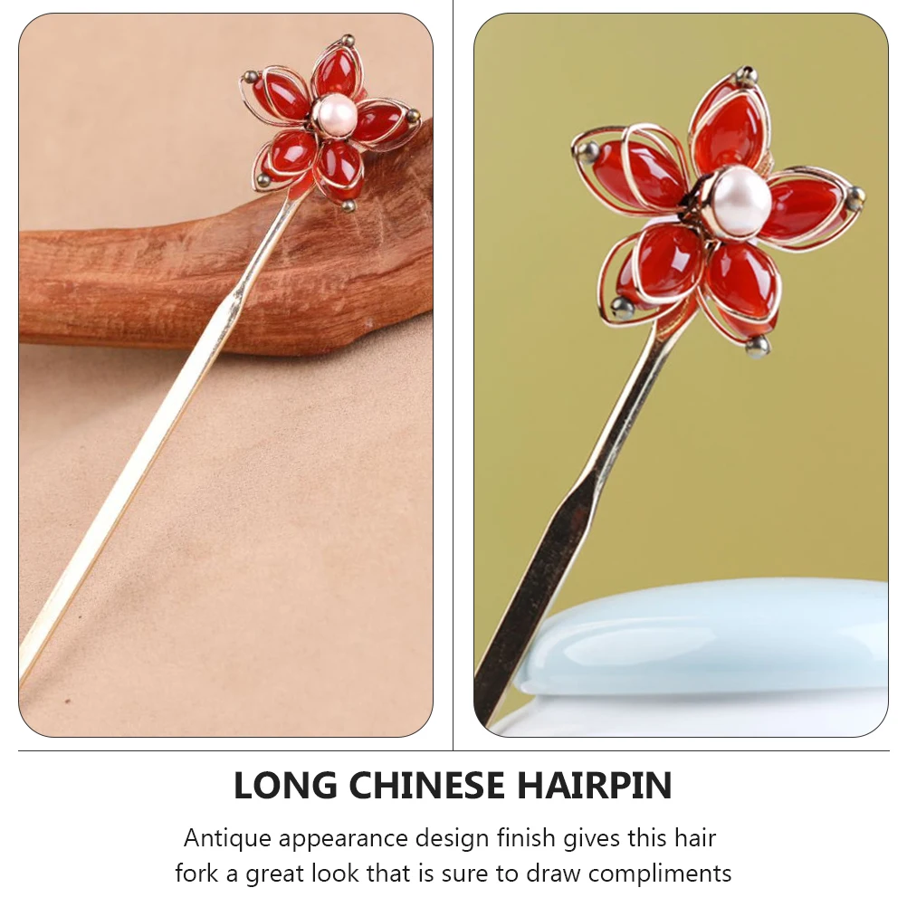 

Древняя заколка для волос, длинный китайский головной убор, вилка для волос с цветочным принтом, уникальная палочка, винтажный красный сердолик, аксессуары ханьфу, гладкие