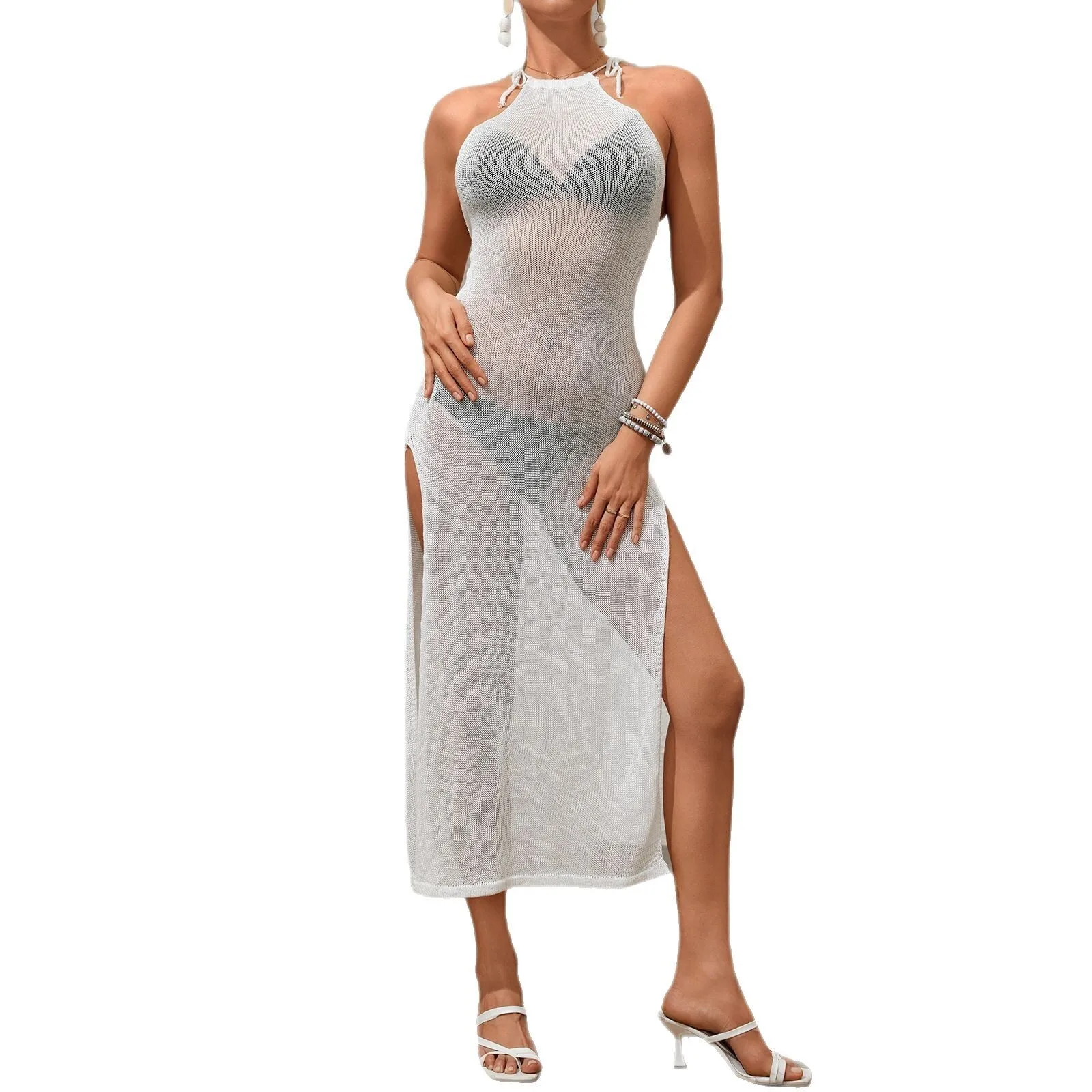 Vento dupla face alta fenda pendurado pescoço suspender saia malha perspectiva praia capa camisa