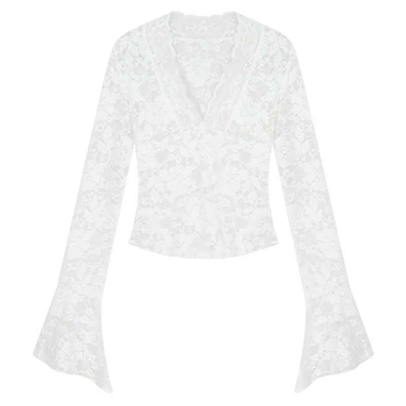 المرأة طويلة الأكمام الدانتيل الأعلى الخامس الرقبة متوهج كم شير الدانتيل المحاصيل تي شيرت فتاة في سن المراهقة Fairycore Y2K الزي