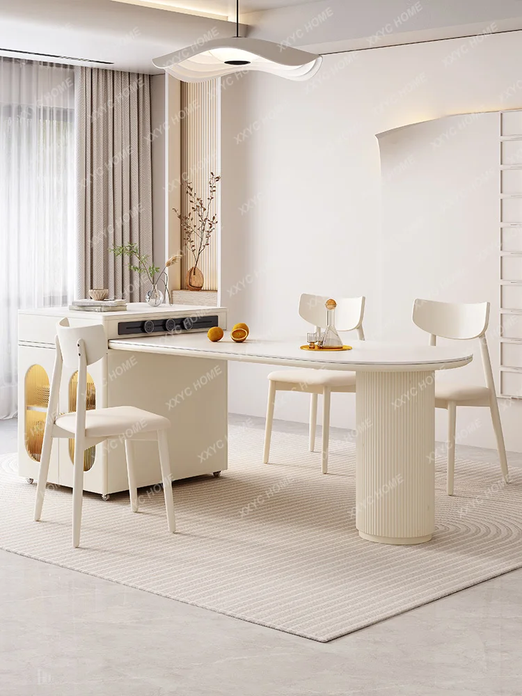 Stone Plate Kitchen Island Dining Table Integrated Combination Retractable Light Luxury Cream Style Dining Table