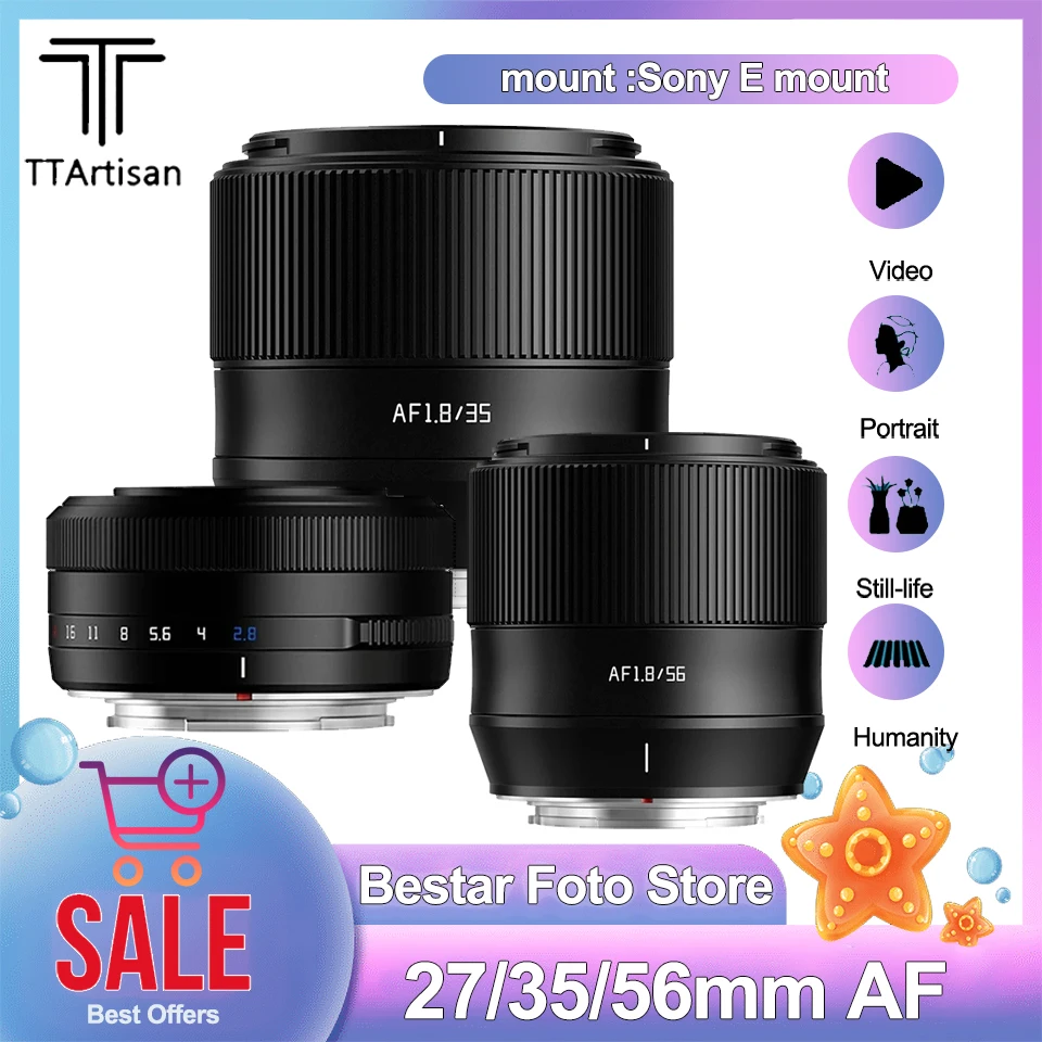 

TTArtisan AF 56mm F1.8/AF 35mm F1.8/ AF 27mm F2.8 APS-C Camera Lens for Sony E mount for Still Life Portrait Photography