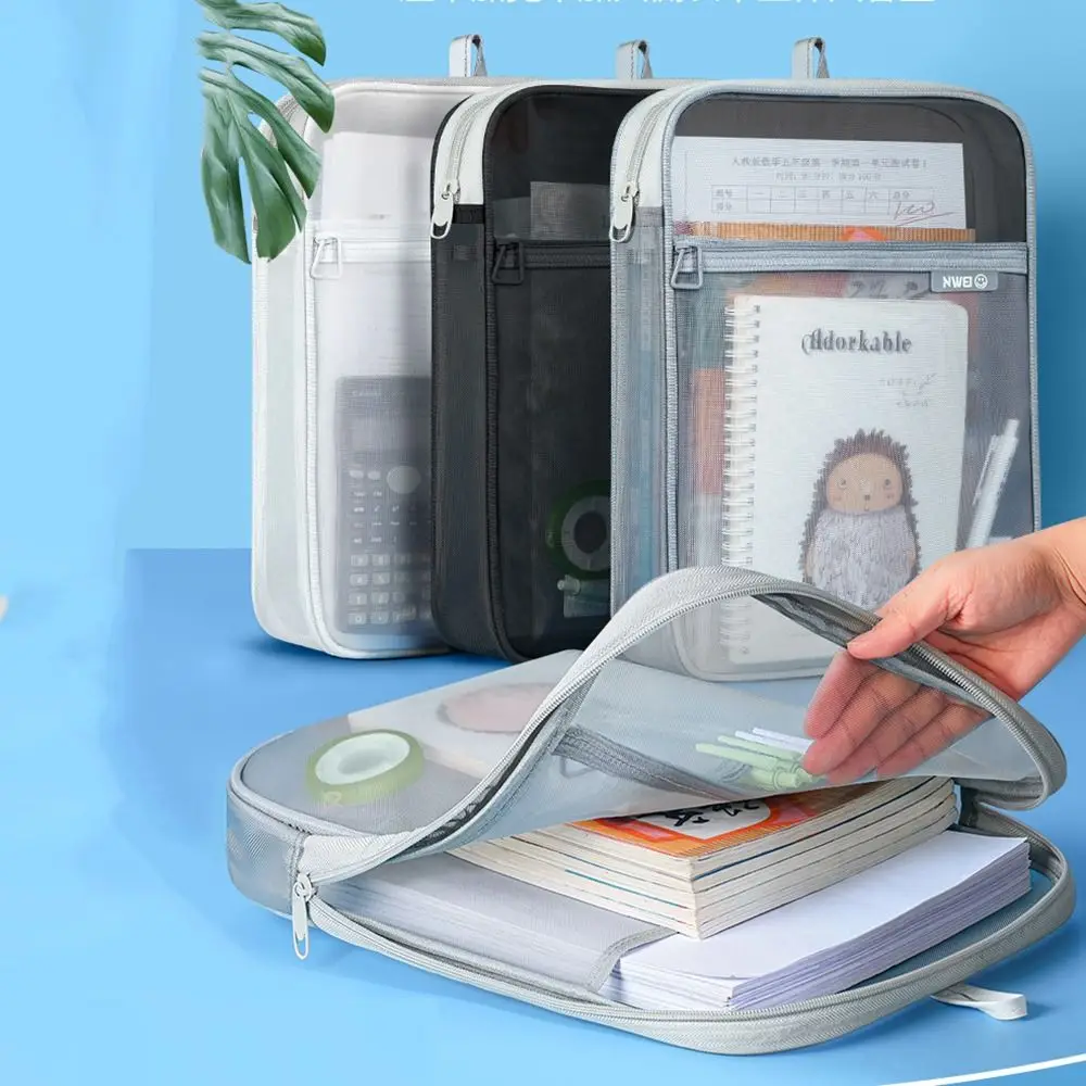 

Portable Mesh Zipper Pouch Bag Large Capacity Waterproof Document Organizer Lightweight Handle Transparent File Holder Business