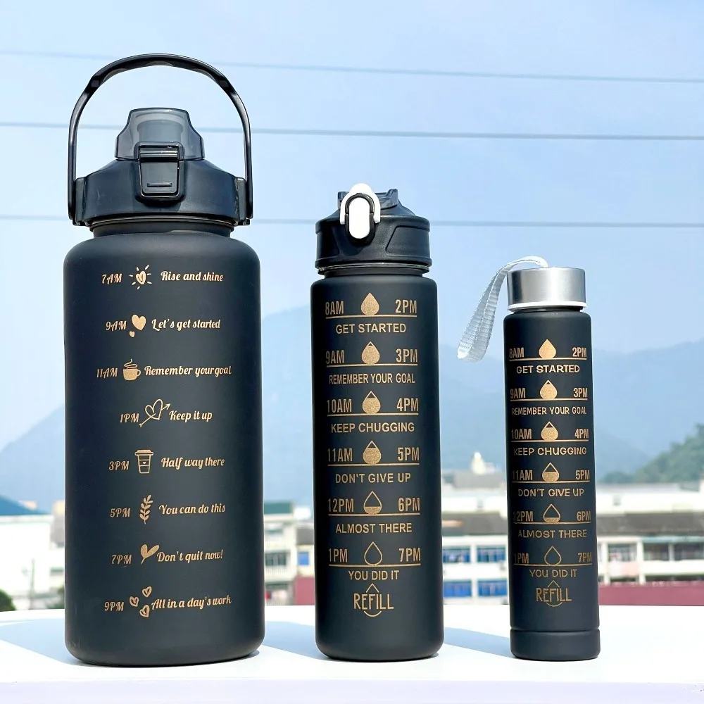 

3Pcs Set Large Capacity Gradient Color Sport Water Bottle Plastic Leakproof Gym Straw Cup with Time Marker Water Cup Outdoor