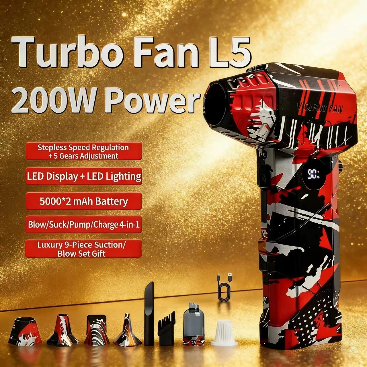 

Турбовентилятор L5, 200 Вт, мощный воздуходувка, многофункциональный 4-в-1 с набором аксессуаров из 9 предметов для ухода за автомобилем