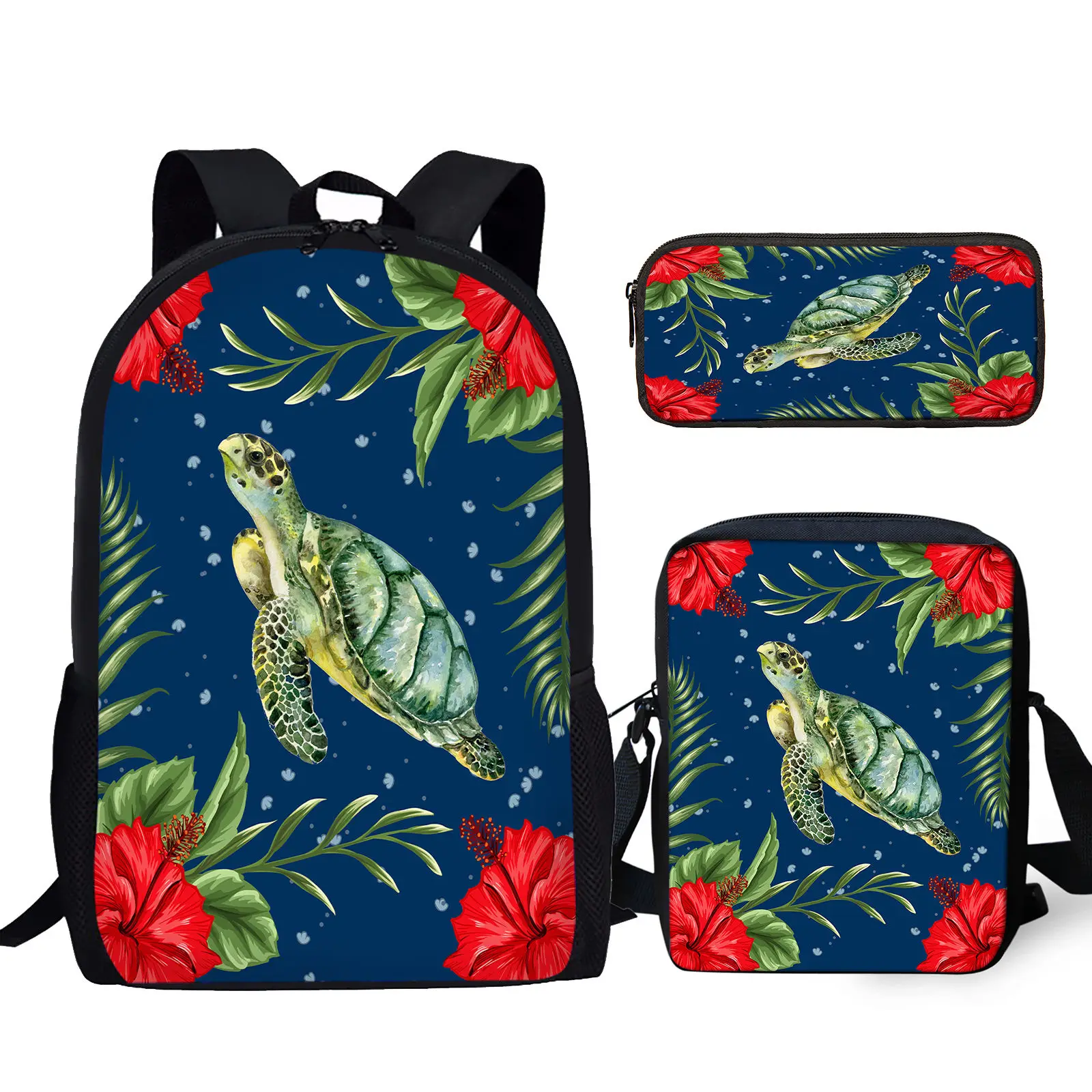 3Pcs Polynesian Sea Turtle Print Student School Bag Set Boys Girls Campus Casual Storage Backpack with Lunch Bag Pencil Bag