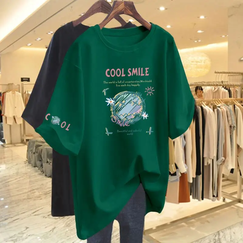 Summer Letter Hand-Painted Printing Basic T-shirt Women Fashion 100 Cotton O-neck Short Sleeve Top Tee Casual Oversized Pullover