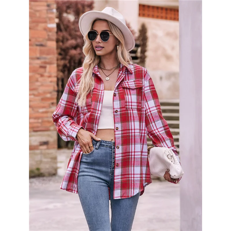 

AG-Women's Flannel Plaid Button-Down Shirt Oversized Long Sleeve Short Sleeve Jacket Top