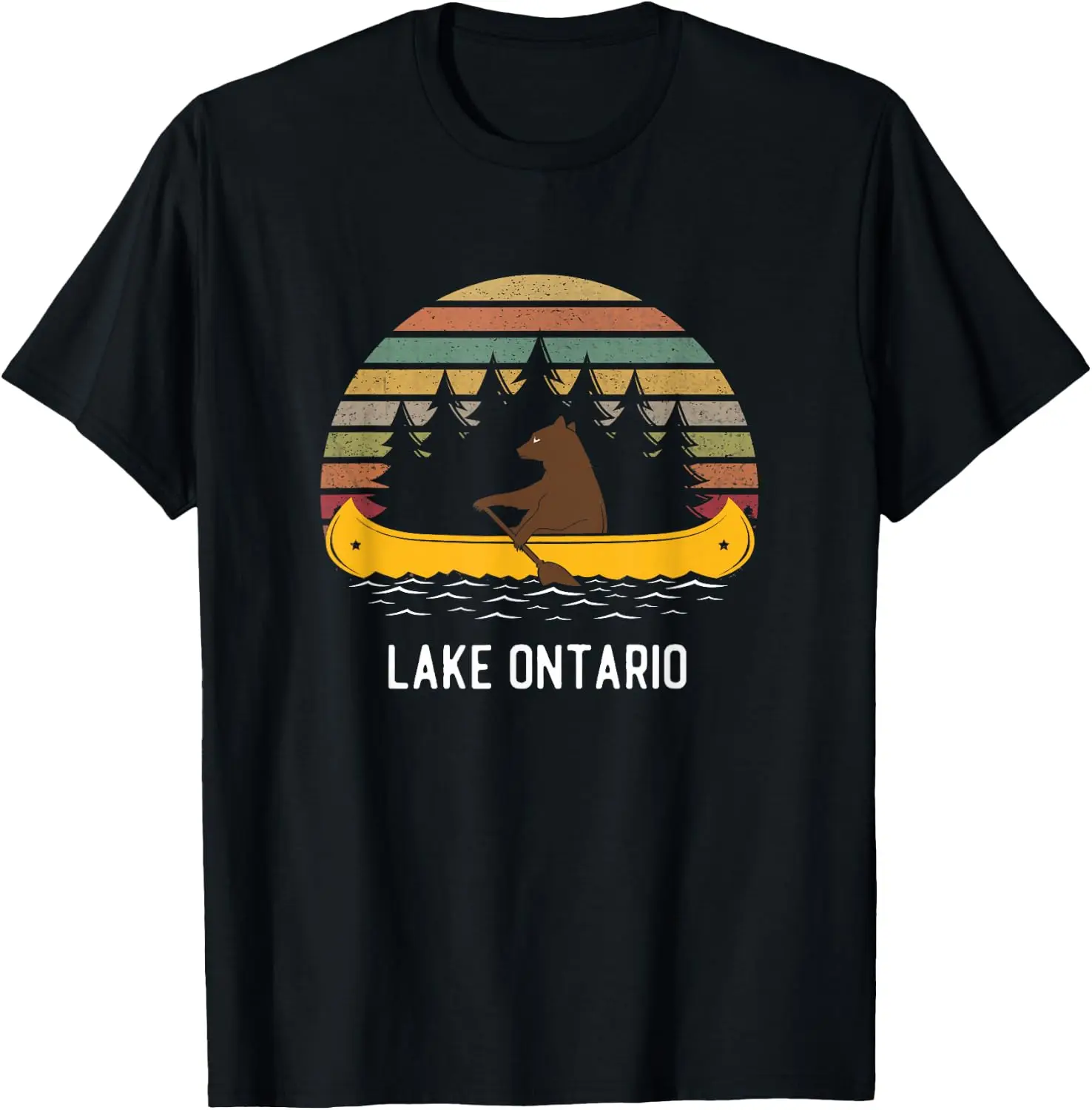 Lake Ontario Vintage Retro Sunset Bear Canoe Outdoor Hiking T-Shirt Men Vintage Graphic T‑Shirt, Casual Crew Neck Short Sleeve Retro Art Print Tee, Classic Distressed Style Printed Top