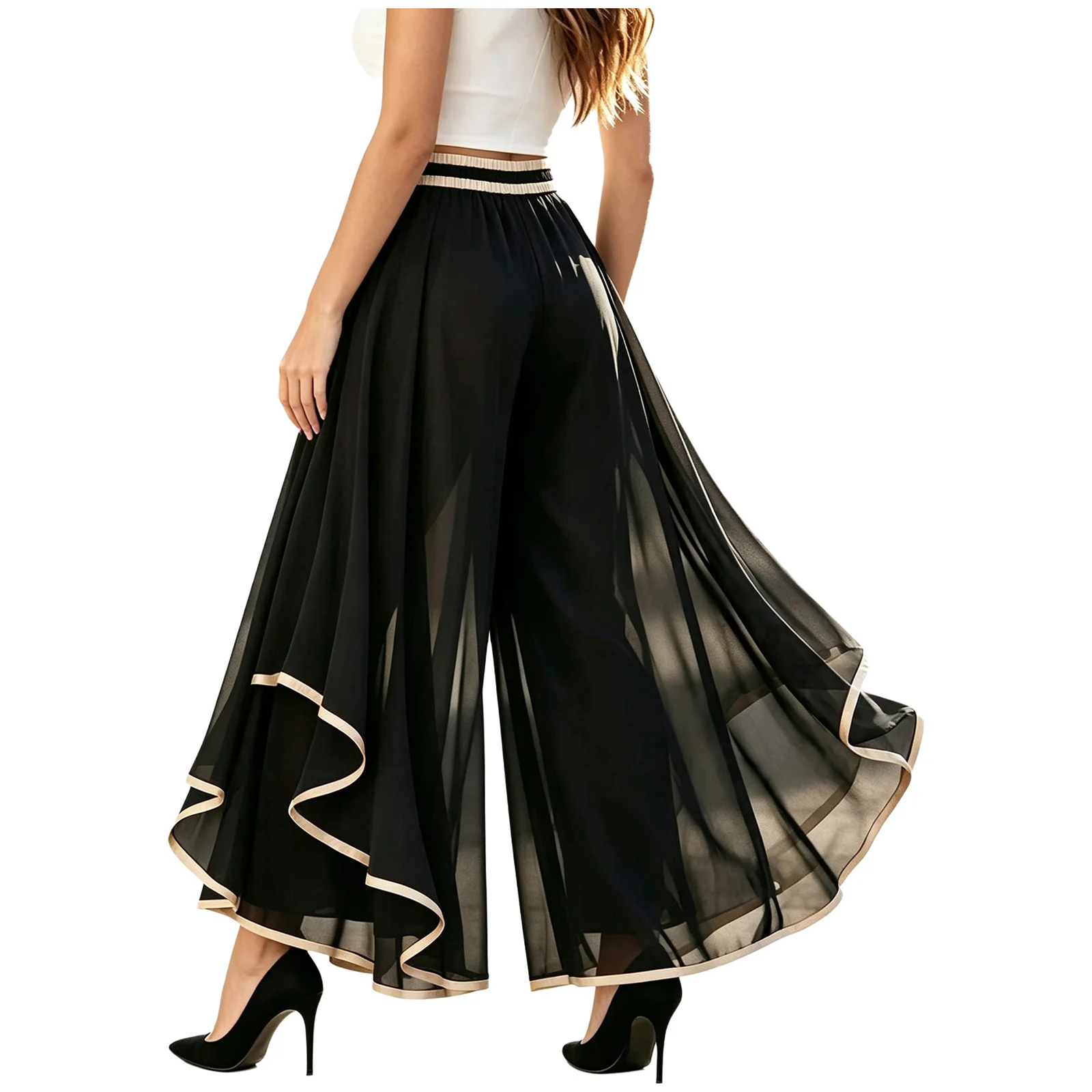 Flowy Chiffon Wide Leg Culottes for Women Color Blocking Irregular Hem Elastic Waistband High Waist Unlined Palazzo Pants