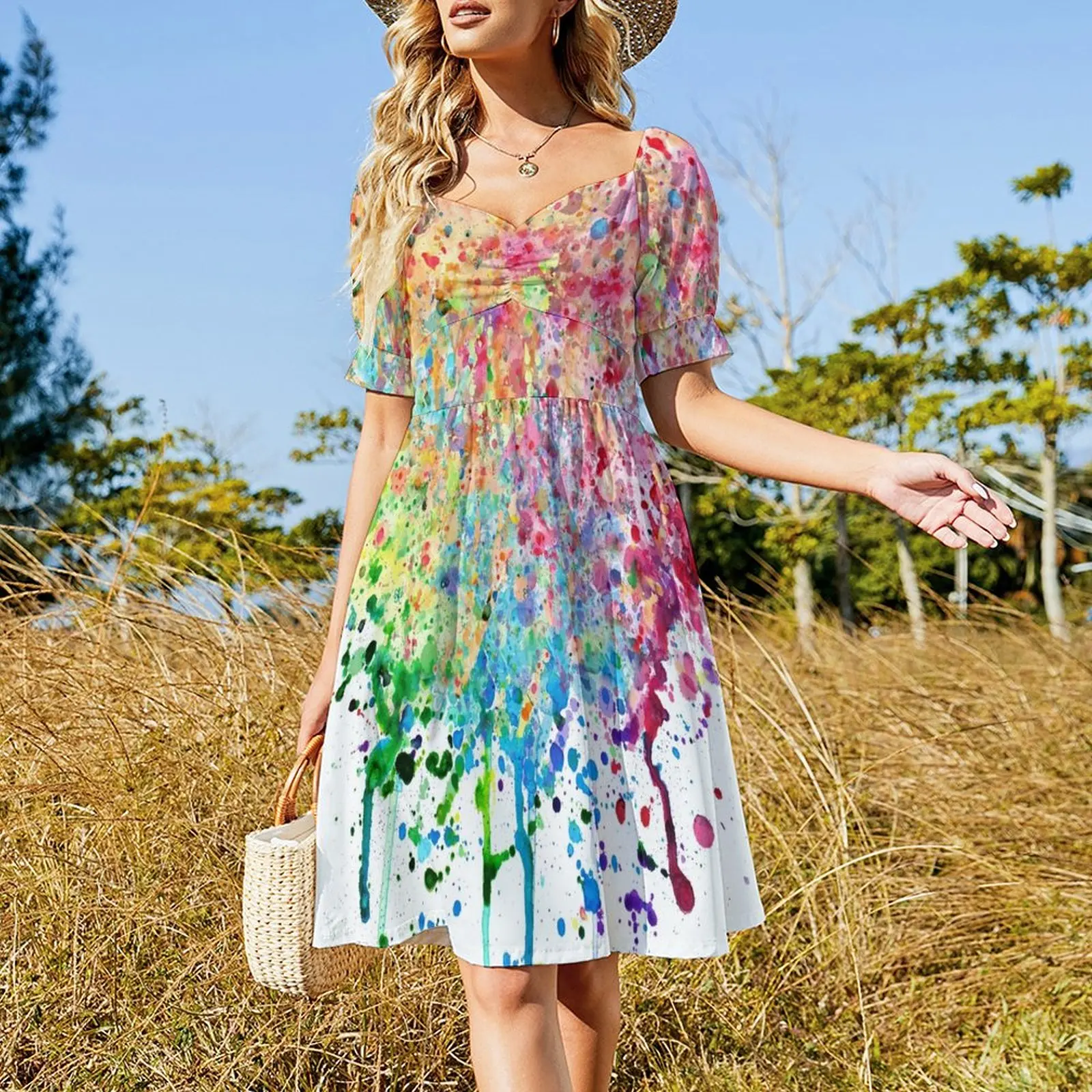 Rainbow Paint Splatter Drip Short Sleeved Dress dresses summer dress Women's clothing Evening gown Dress