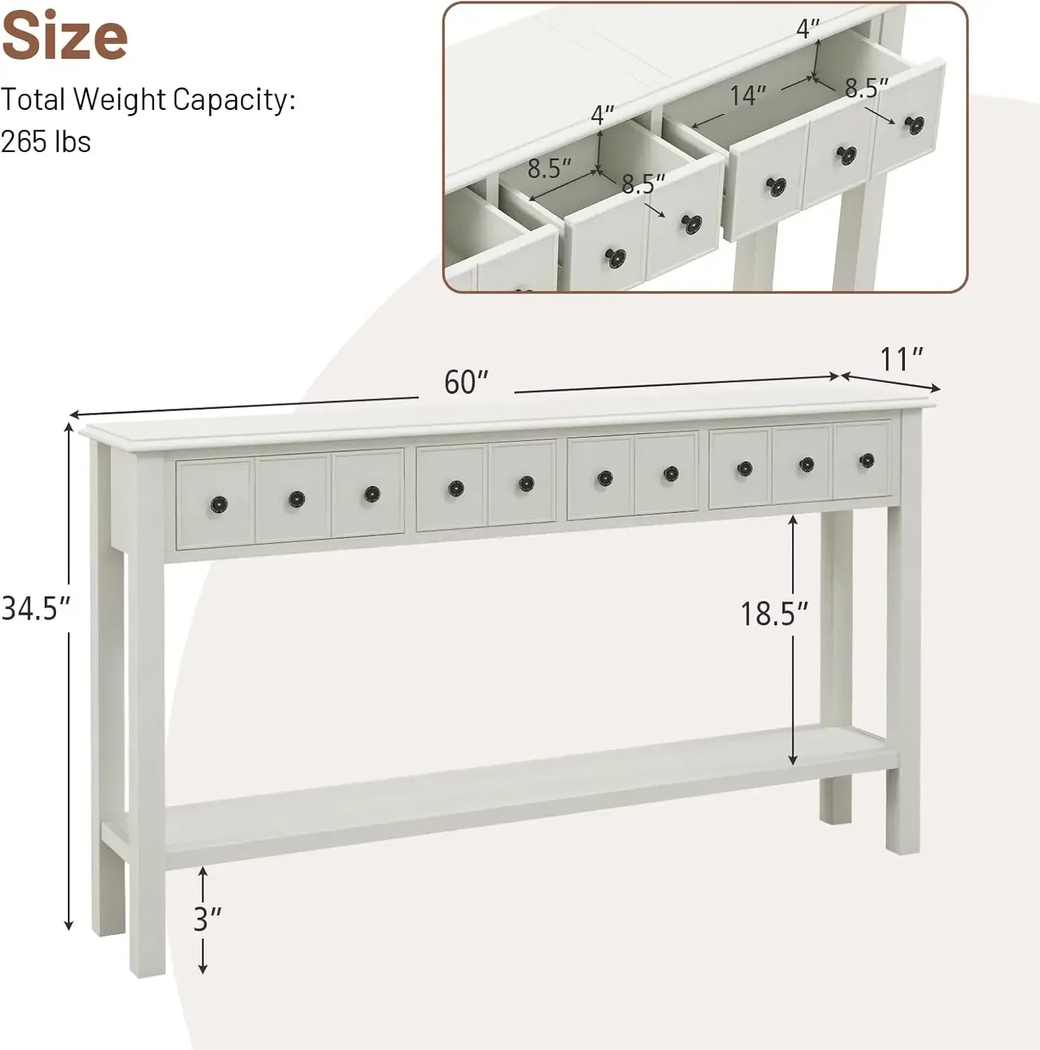 [Новое поступление, купите сейчас! ] Консольный столик с местом для хранения — приставной столик для дивана длиной 60 дюймов с 4 ящиками и открытой полкой, ножки из массива дерева, прямоугольник