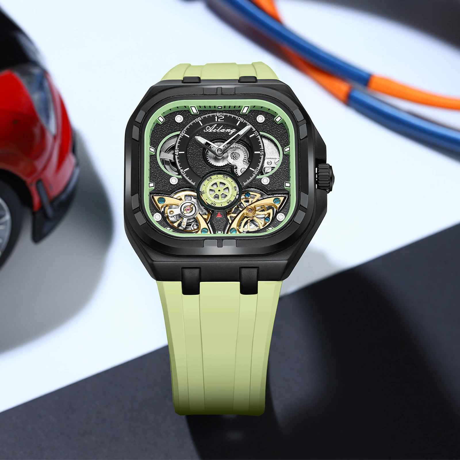 

Роскошные мужские автоматические механические часы Ailang с квадратным циферблатом, водонепроницаемые спортивные наручные часы со скелетом и двойным турбийоном, светящиеся