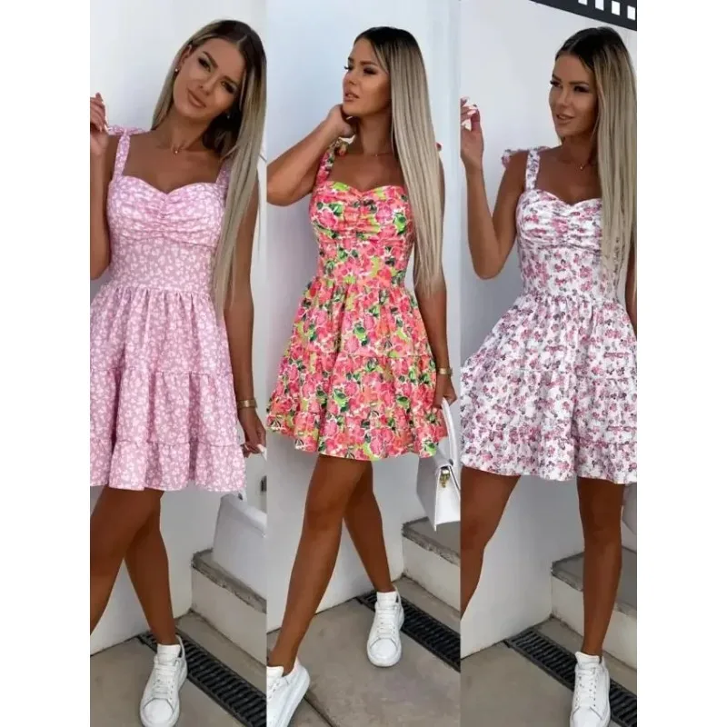 

Summer Short Boho Dress Women Mini Floral Print Dress Female Sleeveless Hanging Belt Printed Waist Folded Dress vestidos cortos