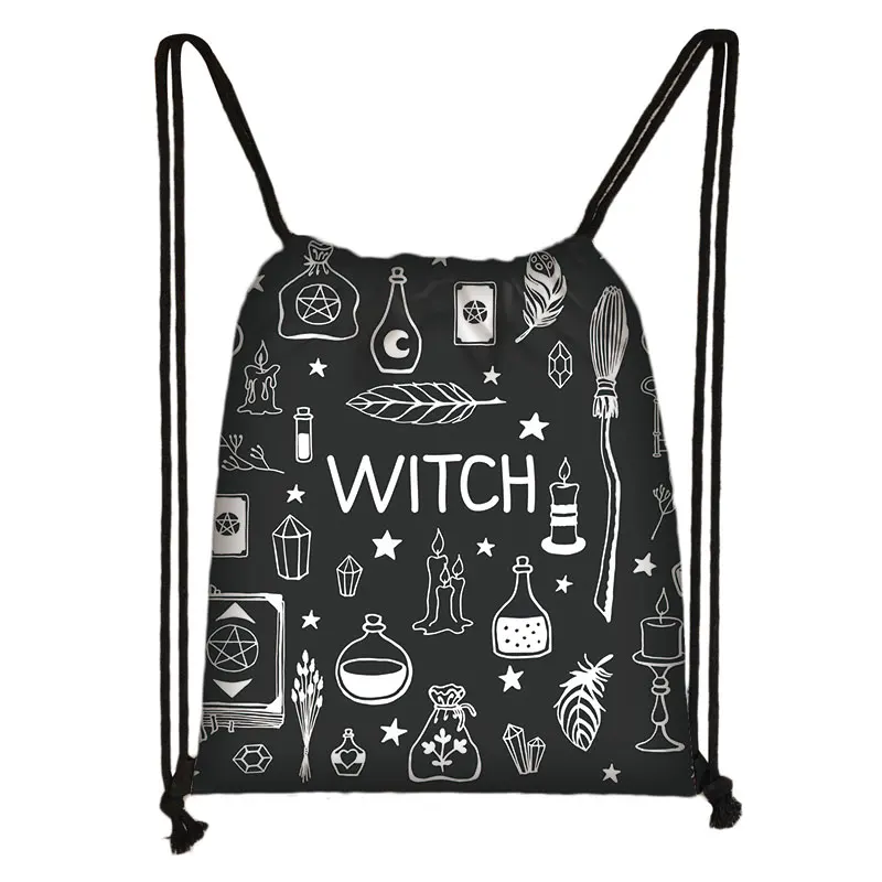 Witch Witchcraft Print Backpack Witchy Woman Drawstring Bags Moon Star Cat Storage Bag for Travel Shoes Holder Wicca Bookbag