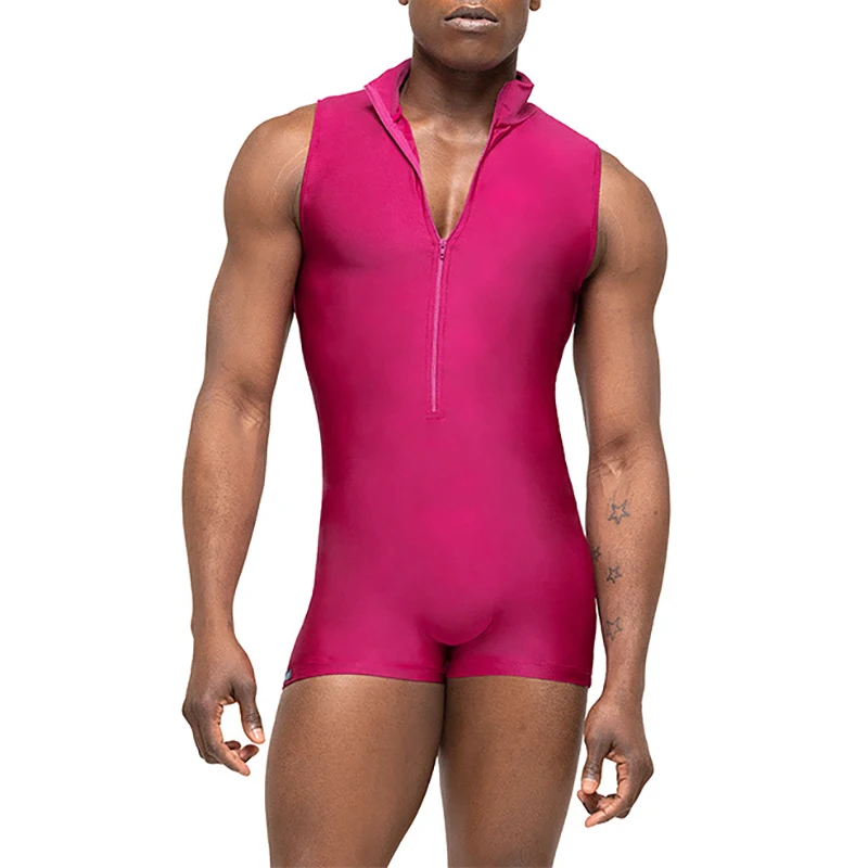 Mens Undershirts Stand Collar Zipper Wrestling Singlet Bodysuits Leotard Yoga Dance Bodybuilding Elastic Fitness Jumpsuits 3XL