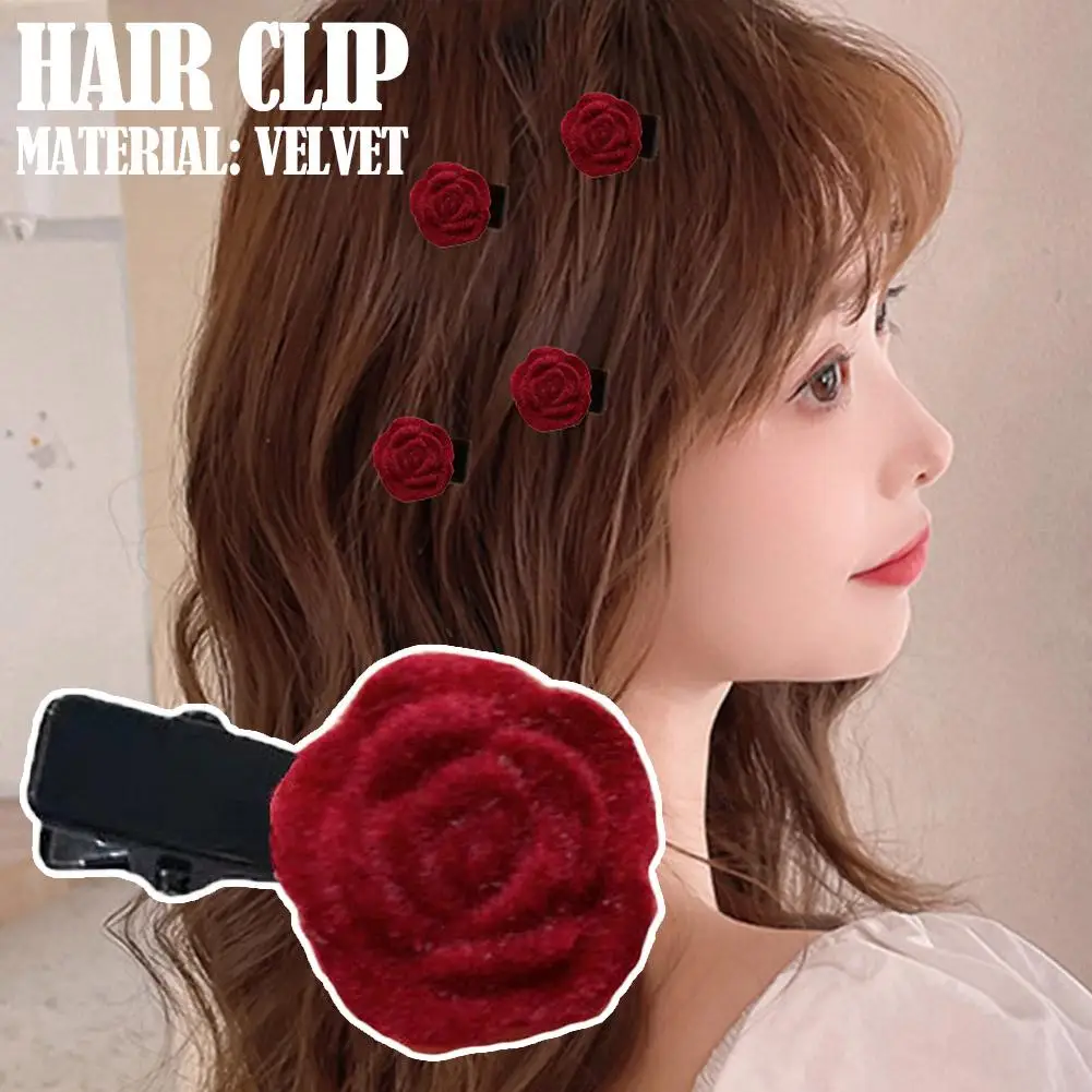 Cute Red Velvet Rose Hair Clips Flower Hairpins For Women Girls Decorative Small Flower Bridal Hairpins Floral Brooch Hair J4A4