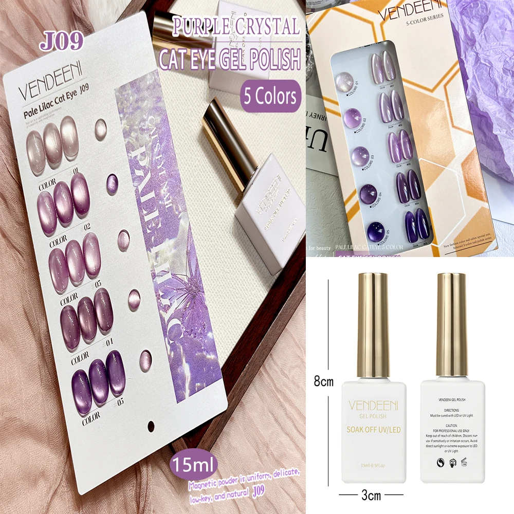 

Vendeeni 5 Colors/set Glitter Transparent Cat Eye Gel Nail Polish UV LED Pink Gold Crystal Magnetic Nail Varnish With Color Card