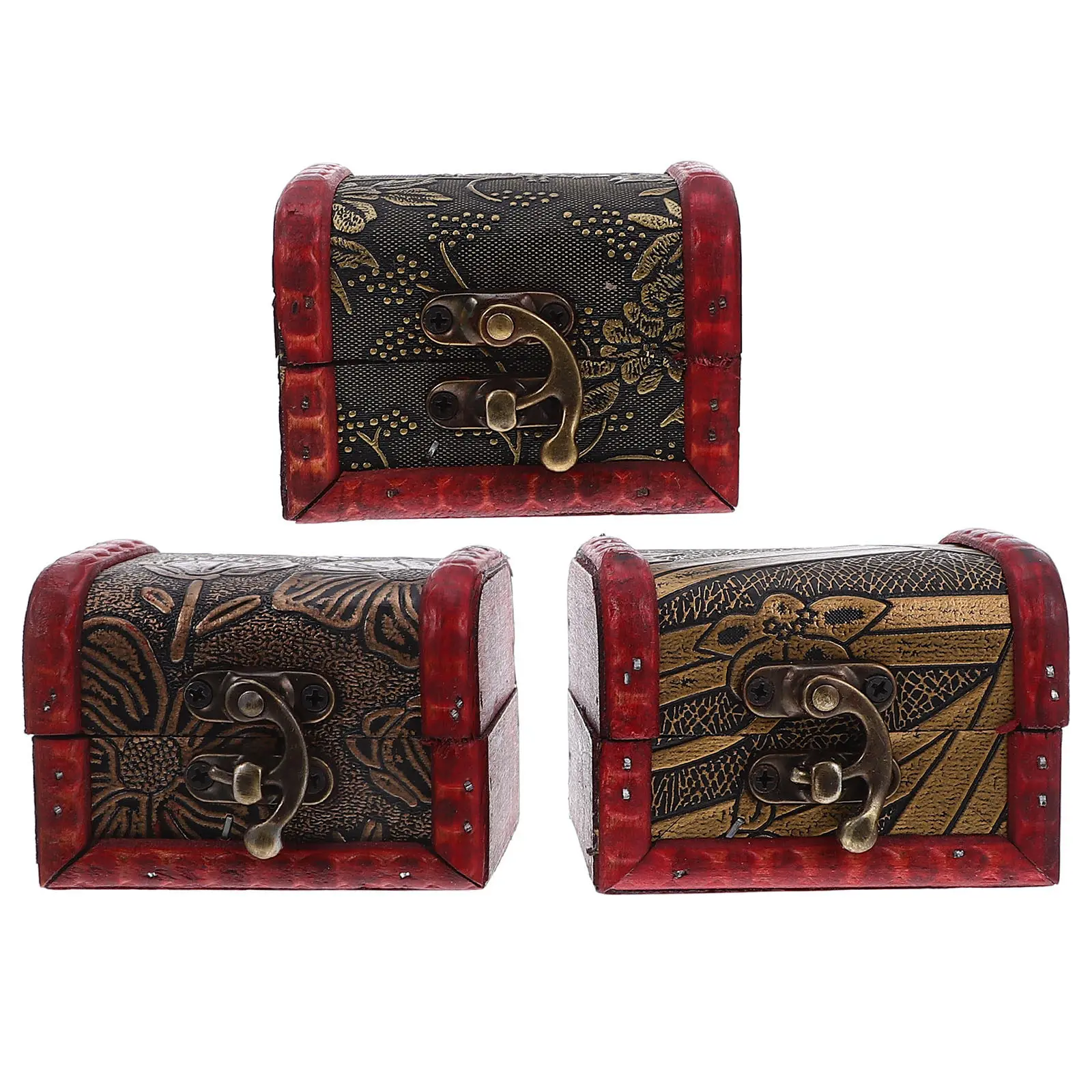 

3Pcs Mini Vintage Wooden Chest Box Retro Jewelry Storage Organizer Small Trinket Box with Hasp for Desktop Bedroom