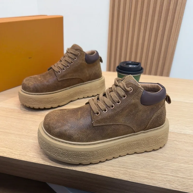 High Top Shoes Men's British Style Cow Suede Thick Sole Lace Up Derby Casual Leather Shoes Male Platform Sneakers Vintage