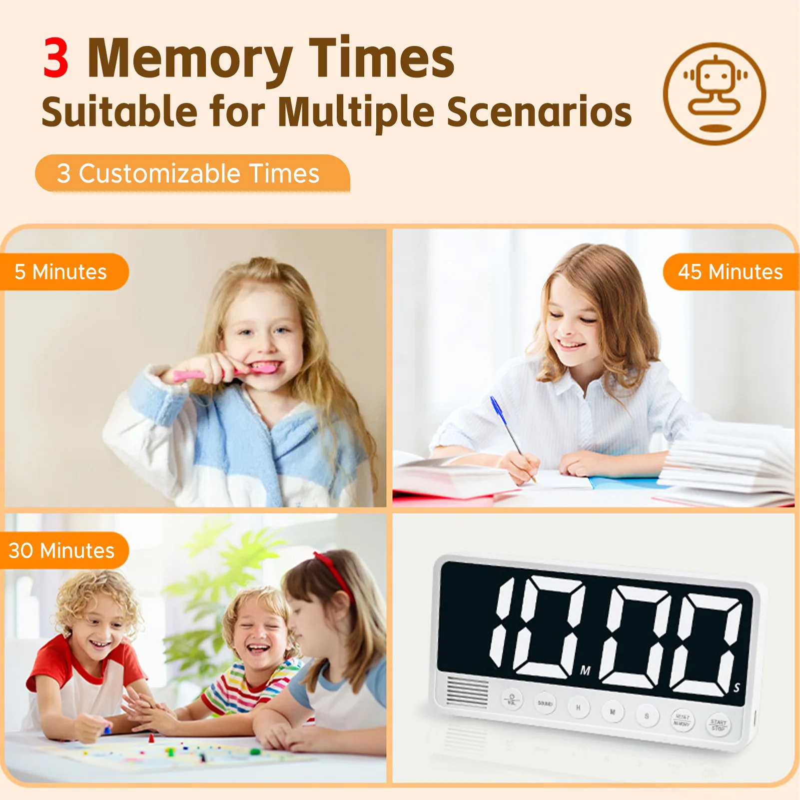 LED Timer Countdown Big Screen 99Hr 59Min 6 Alarm Volume 3 Memories Type-C Charging