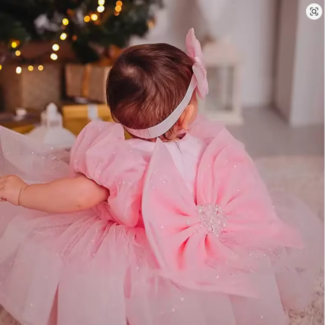 Pink Flower Girl Dresses for Wedding Kids Bow Christening Princess 1st Birthday Children Tutu Baby Girl Clothes Customized