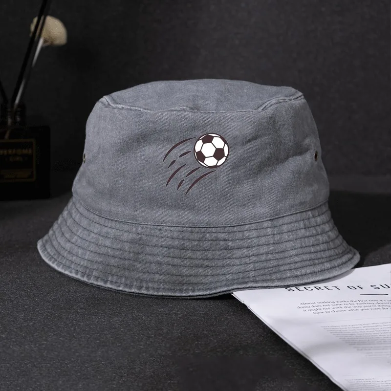 Kapelusz typu bucket dla mężczyzn, retro, z haftem piłkarskim, dżinsowy, oddychający, chroniący przed słońcem, kapelusz rybacki na zewnątrz