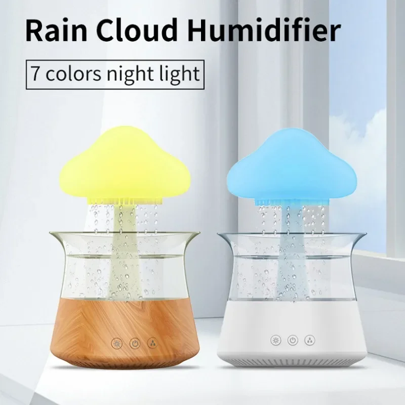 Multifunctional Mushroom Cloud Humidifier 300mL Household Heavy Fog Humidifier with Night Light Rain Drop Aromatherapy Machine
