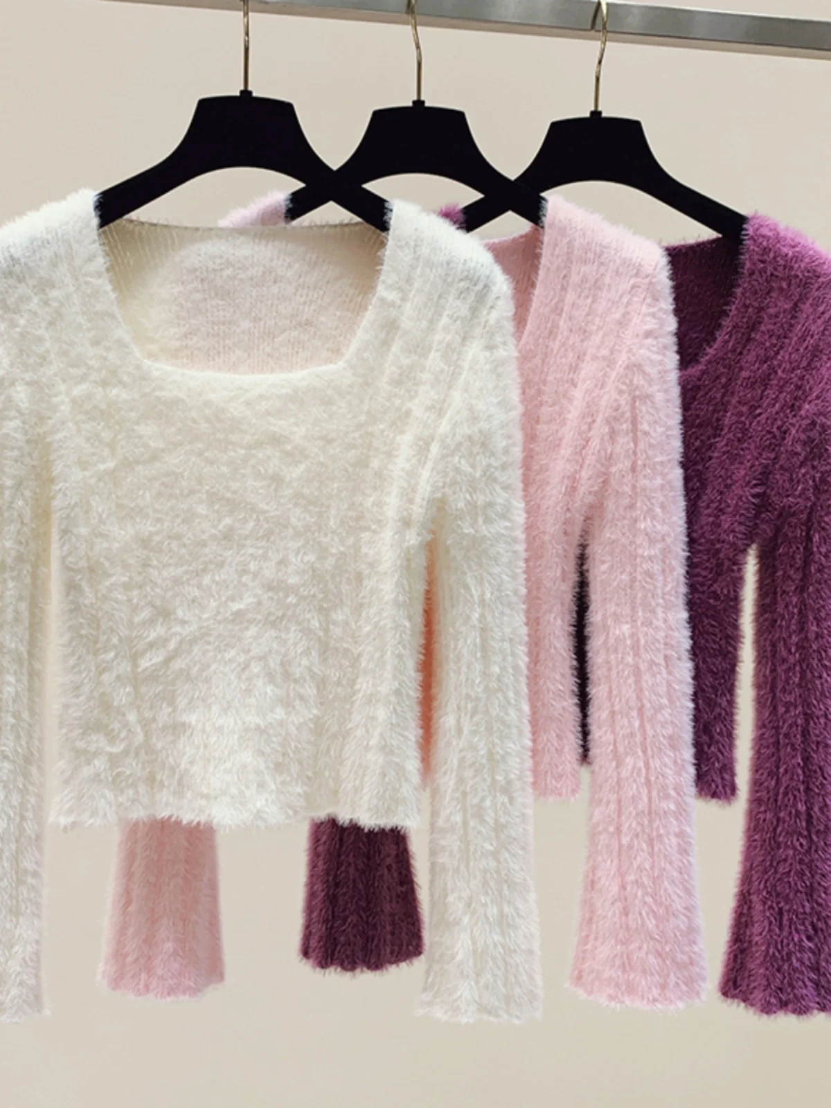 Autumn Lazy Sle Square Collar ort Knitted Sweater Base Layer Faux Mink Design Unique Top Sexy Girl Top Warm Thiened Lon...