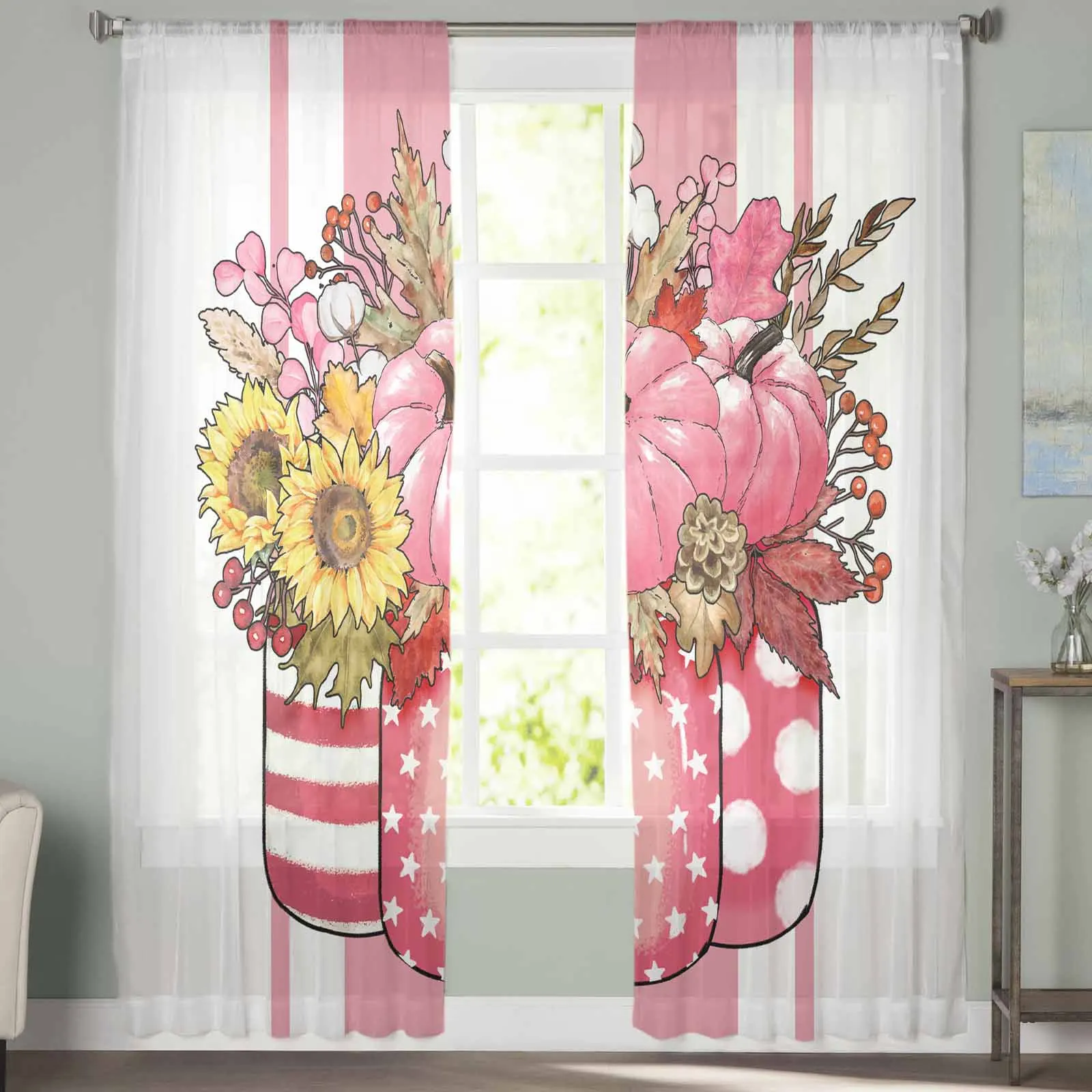 Autumn Pumpkin Maple Leaves Curtains For Living Room Bedroom Kitchen Decoration Window Tulle Curtain