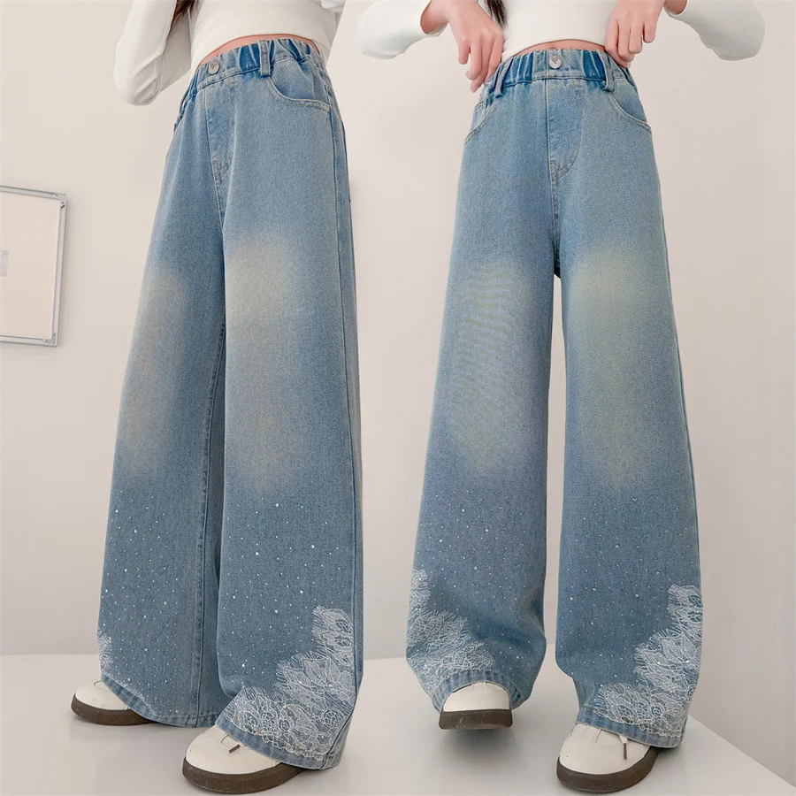 

2026 New Spring Autumn Style Children Straight Fit Floral Jeans with Rhinestones for Kids Girls Fashion Denim Pants Age 5-14 Y