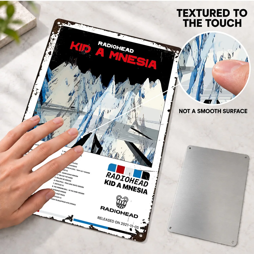 Radiohead Kid A Mnesia Textured Metal Poster Personalized Aluminum Sign Album Layout Wall Art For Record Store Listening Area